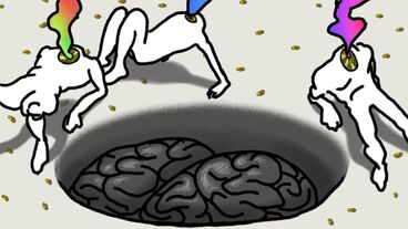 Hassenberg Animation with depicted human brain which is embedded in a floor, three figures sit around this Gerhin and colourful smoke rises from their necks. All three have no head.