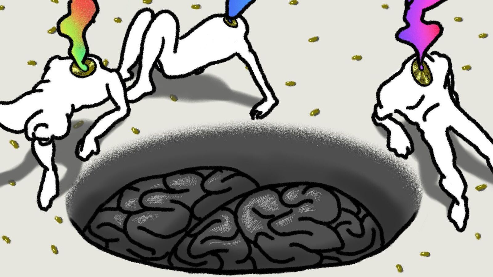 Animation with depicted human brain which is embedded in a floor, three figures sit around this Gerhin and colourful smoke rises from their necks. All three have no head.