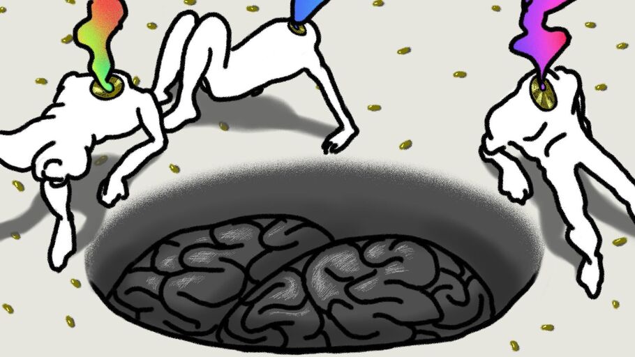 Animation with depicted human brain which is embedded in a floor, three figures sit around this Gerhin and colourful smoke rises from their necks. All three have no head.