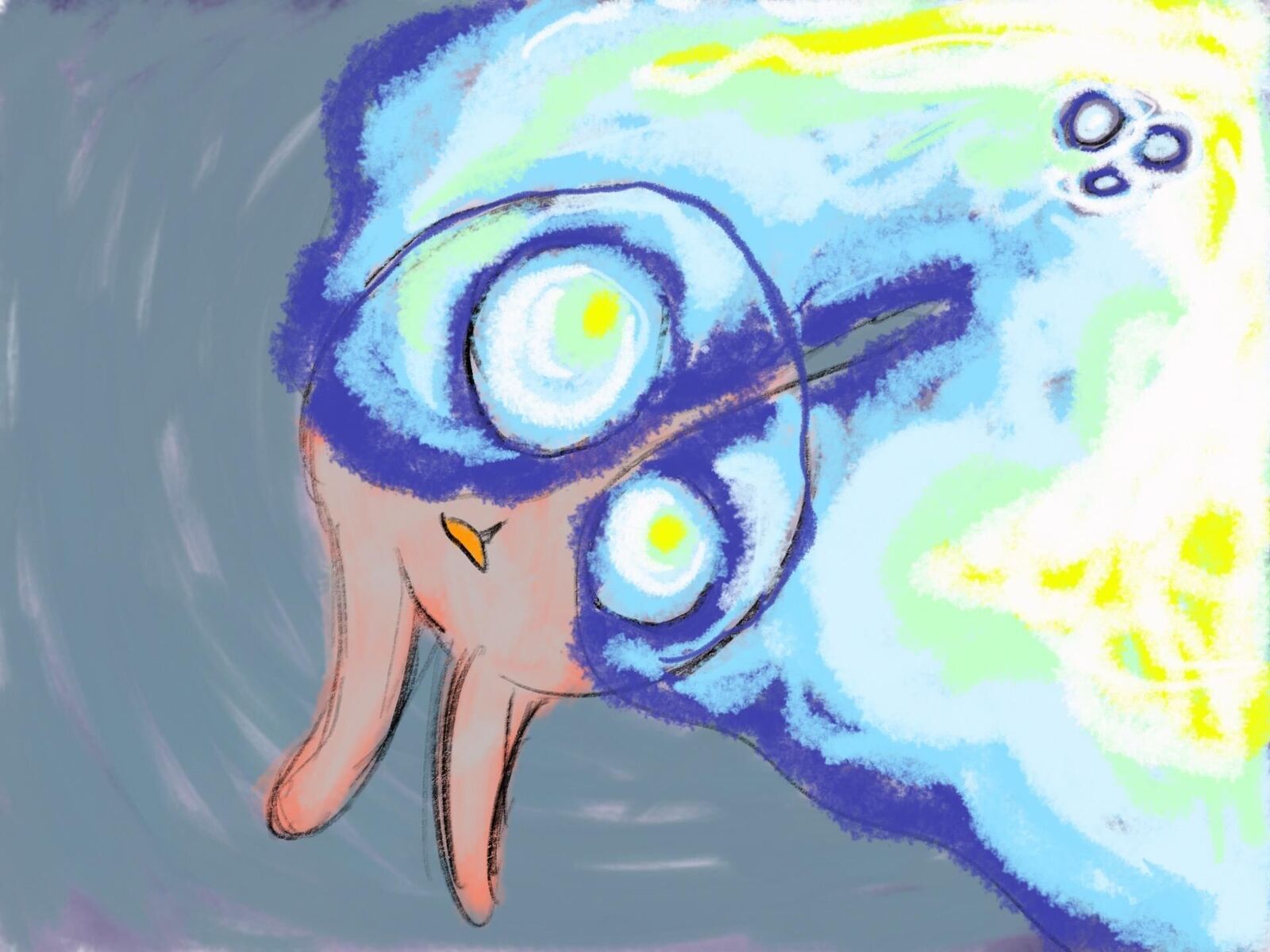 Animation, a drawn person holding himself off the ground with one arm. The feet are turned towards us and a rotating movement is indicated.