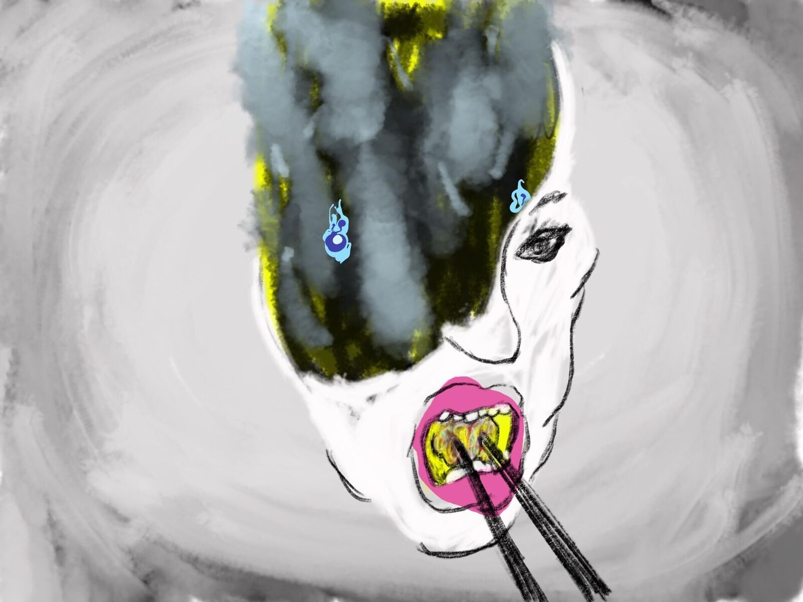 Animation, a drawn person moves on all fours, there lies a colorful scarf around her mouth and there sits a kind of dolphin fin on her back.